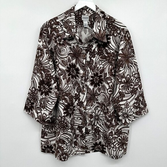 Chicos Size 3 US‎ XL 16 18 Top Shirt Shacket 100% Linen Brown Floral 3/4 Sleeve - Picture 1 of 12